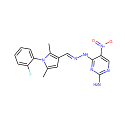 Cc1cc(/C=N/Nc2nc(N)ncc2[N+](=O)[O-])c(C)n1-c1ccccc1F ZINC000005447213