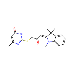 Cc1cc(=O)[nH]c(SCC(=O)/C=C2\N(C)c3ccccc3C2(C)C)n1 ZINC000012511582