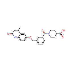 Cc1cc(=O)[nH]c2ccc(OCc3cccc(C(=O)N4CCC(C(=O)O)CC4)c3)cc12 ZINC000045338821