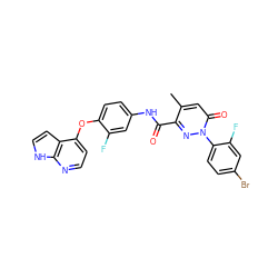 Cc1cc(=O)n(-c2ccc(Br)cc2F)nc1C(=O)Nc1ccc(Oc2ccnc3[nH]ccc23)c(F)c1 ZINC001772613561