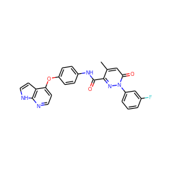 Cc1cc(=O)n(-c2cccc(F)c2)nc1C(=O)Nc1ccc(Oc2ccnc3[nH]ccc23)cc1 ZINC001772614824