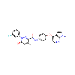 Cc1cc(=O)n(-c2cccc(F)c2)nc1C(=O)Nc1ccc(Oc2ccnc3c2ccn3C)cc1 ZINC001772597579