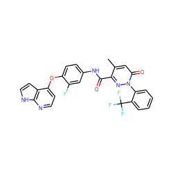 Cc1cc(=O)n(-c2ccccc2C(F)(F)F)nc1C(=O)Nc1ccc(Oc2ccnc3[nH]ccc23)c(F)c1 ZINC001772602850