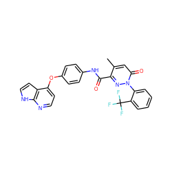 Cc1cc(=O)n(-c2ccccc2C(F)(F)F)nc1C(=O)Nc1ccc(Oc2ccnc3[nH]ccc23)cc1 ZINC001772623794