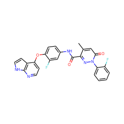 Cc1cc(=O)n(-c2ccccc2F)nc1C(=O)Nc1ccc(Oc2ccnc3[nH]ccc23)c(F)c1 ZINC001772624137