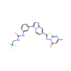 Cc1cc(=O)n2nc(-c3ccn4c(-c5cccc(NC(=O)NCC(F)(F)F)c5)cnc4c3)sc2n1 ZINC000147311858