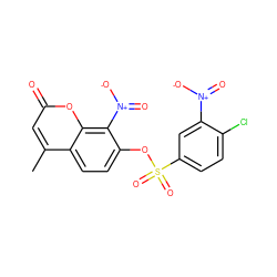 Cc1cc(=O)oc2c([N+](=O)[O-])c(OS(=O)(=O)c3ccc(Cl)c([N+](=O)[O-])c3)ccc12 ZINC001772578424