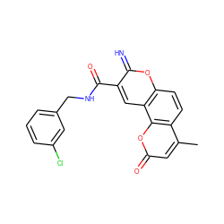 Cc1cc(=O)oc2c1ccc1oc(=N)c(C(=O)NCc3cccc(Cl)c3)cc12 ZINC000653782704