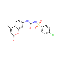 Cc1cc(=O)oc2cc(NC(=O)NS(=O)(=O)c3ccc(Cl)cc3)ccc12 ZINC000299839662