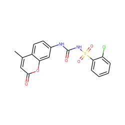 Cc1cc(=O)oc2cc(NC(=O)NS(=O)(=O)c3ccccc3Cl)ccc12 ZINC000299839876