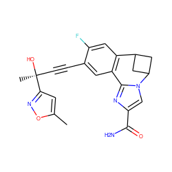 Cc1cc([C@@](C)(O)C#Cc2cc3c(cc2F)C2CC(C2)n2cc(C(N)=O)nc2-3)no1 ZINC000219467796