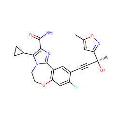 Cc1cc([C@@](C)(O)C#Cc2cc3c(cc2F)OCCn2c-3nc(C(N)=O)c2C2CC2)no1 ZINC000220008397