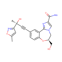 Cc1cc([C@@](C)(O)C#Cc2ccc3c(c2)-c2nc(C(N)=O)cn2C[C@@H](CO)O3)no1 ZINC000219463775