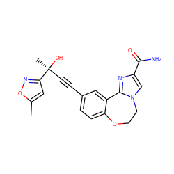 Cc1cc([C@@](C)(O)C#Cc2ccc3c(c2)-c2nc(C(N)=O)cn2CCO3)no1 ZINC000215739192