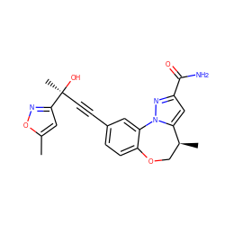 Cc1cc([C@@](C)(O)C#Cc2ccc3c(c2)-n2nc(C(N)=O)cc2[C@@H](C)CO3)no1 ZINC000219471434