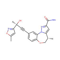 Cc1cc([C@@](C)(O)C#Cc2ccc3c(c2)-n2nc(C(N)=O)cc2[C@H](C)CO3)no1 ZINC000219471363