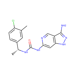 Cc1cc([C@@H](C)NC(=O)Nc2cc3[nH]nc(N)c3cn2)ccc1Cl ZINC001772645084