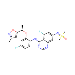 Cc1cc([C@@H](C)Oc2cc(F)ccc2Nc2ncnc3cc(N=S(C)(C)=O)cc(F)c23)on1 ZINC001772593197