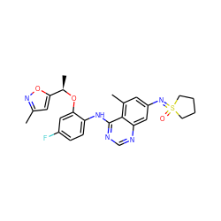 Cc1cc([C@@H](C)Oc2cc(F)ccc2Nc2ncnc3cc(N=S4(=O)CCCC4)cc(C)c23)on1 ZINC001772650478