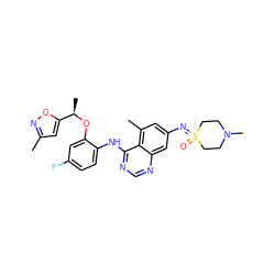 Cc1cc([C@@H](C)Oc2cc(F)ccc2Nc2ncnc3cc(N=S4(=O)CCN(C)CC4)cc(C)c23)on1 ZINC001772598856