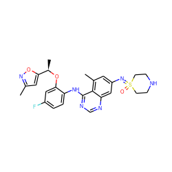 Cc1cc([C@@H](C)Oc2cc(F)ccc2Nc2ncnc3cc(N=S4(=O)CCNCC4)cc(C)c23)on1 ZINC001772628982