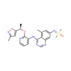 Cc1cc([C@@H](C)Oc2ncccc2Nc2ncnc3cc(N=S(C)(C)=O)cc(C)c23)on1 ZINC001772649436