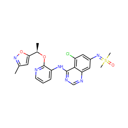 Cc1cc([C@@H](C)Oc2ncccc2Nc2ncnc3cc(N=S(C)(C)=O)cc(Cl)c23)on1 ZINC001772633808