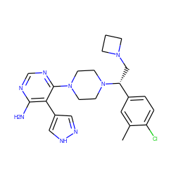 Cc1cc([C@@H](CN2CCC2)N2CCN(c3ncnc(N)c3-c3cn[nH]c3)CC2)ccc1Cl ZINC000219308600