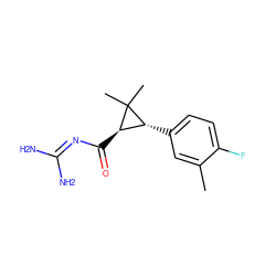 Cc1cc([C@@H]2[C@@H](C(=O)N=C(N)N)C2(C)C)ccc1F ZINC000013864222