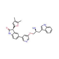 Cc1cc([C@@H]2C(=O)Nc3ccc(-c4cncc(OC[C@@H](N)Cc5c[nH]c6ccccc56)c4)cc32)oc1C ZINC000045288923