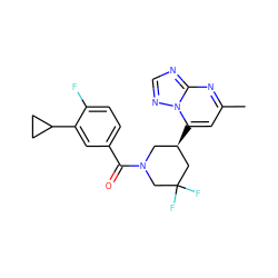 Cc1cc([C@@H]2CN(C(=O)c3ccc(F)c(C4CC4)c3)CC(F)(F)C2)n2ncnc2n1 ZINC001772585953