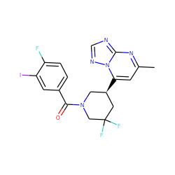 Cc1cc([C@@H]2CN(C(=O)c3ccc(F)c(I)c3)CC(F)(F)C2)n2ncnc2n1 ZINC000584905348