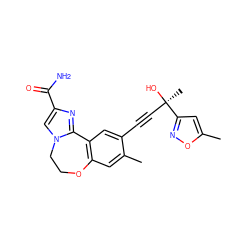 Cc1cc([C@](C)(O)C#Cc2cc3c(cc2C)OCCn2cc(C(N)=O)nc2-3)no1 ZINC000215739762