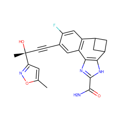 Cc1cc([C@](C)(O)C#Cc2cc3c(cc2F)C2CC(C2)c2[nH]c(C(N)=O)nc2-3)no1 ZINC000215772383