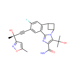 Cc1cc([C@](C)(O)C#Cc2cc3c(cc2F)C2CC(C2)n2c-3nc(C(N)=O)c2C(C)(C)O)no1 ZINC000219497292