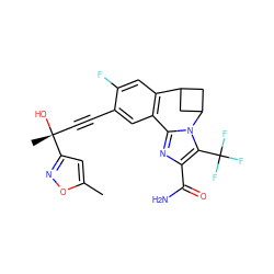 Cc1cc([C@](C)(O)C#Cc2cc3c(cc2F)C2CC(C2)n2c-3nc(C(N)=O)c2C(F)(F)F)no1 ZINC000215759608