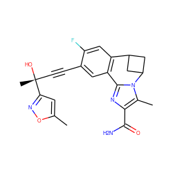 Cc1cc([C@](C)(O)C#Cc2cc3c(cc2F)C2CC(C2)n2c-3nc(C(N)=O)c2C)no1 ZINC000219421754