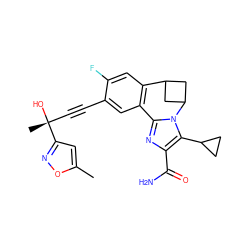 Cc1cc([C@](C)(O)C#Cc2cc3c(cc2F)C2CC(C2)n2c-3nc(C(N)=O)c2C2CC2)no1 ZINC000215775701