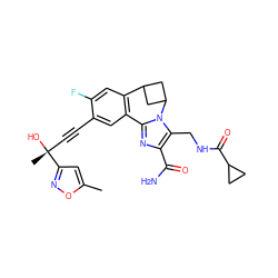 Cc1cc([C@](C)(O)C#Cc2cc3c(cc2F)C2CC(C2)n2c-3nc(C(N)=O)c2CNC(=O)C2CC2)no1 ZINC000219441418