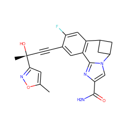 Cc1cc([C@](C)(O)C#Cc2cc3c(cc2F)C2CC(C2)n2cc(C(N)=O)nc2-3)no1 ZINC000220008834