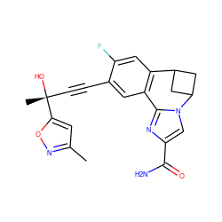 Cc1cc([C@](C)(O)C#Cc2cc3c(cc2F)C2CC(C2)n2cc(C(N)=O)nc2-3)on1 ZINC000219423975