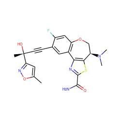 Cc1cc([C@](C)(O)C#Cc2cc3c(cc2F)OC[C@@H](N(C)C)c2sc(C(N)=O)nc2-3)no1 ZINC000219546929