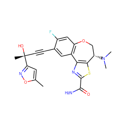 Cc1cc([C@](C)(O)C#Cc2cc3c(cc2F)OC[C@H](N(C)C)c2sc(C(N)=O)nc2-3)no1 ZINC000219560356