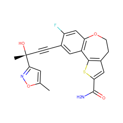 Cc1cc([C@](C)(O)C#Cc2cc3c(cc2F)OCCc2cc(C(N)=O)sc2-3)no1 ZINC000215763367