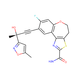 Cc1cc([C@](C)(O)C#Cc2cc3c(cc2F)OCCc2sc(C(N)=O)nc2-3)no1 ZINC000215739694