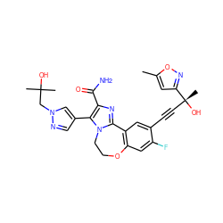 Cc1cc([C@](C)(O)C#Cc2cc3c(cc2F)OCCn2c-3nc(C(N)=O)c2-c2cnn(CC(C)(C)O)c2)no1 ZINC000219508339