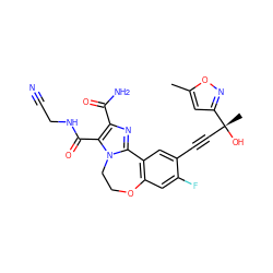 Cc1cc([C@](C)(O)C#Cc2cc3c(cc2F)OCCn2c-3nc(C(N)=O)c2C(=O)NCC#N)no1 ZINC000219461238