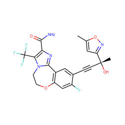 Cc1cc([C@](C)(O)C#Cc2cc3c(cc2F)OCCn2c-3nc(C(N)=O)c2C(F)(F)F)no1 ZINC000215739895