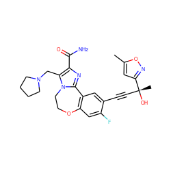 Cc1cc([C@](C)(O)C#Cc2cc3c(cc2F)OCCn2c-3nc(C(N)=O)c2CN2CCCC2)no1 ZINC000215762340