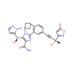 Cc1cc([C@](C)(O)C#Cc2ccc3c(c2)-c2nc(C(N)=O)c([C@@H](O)c4ccnn4C)n2C2CC3C2)no1 ZINC000219465366